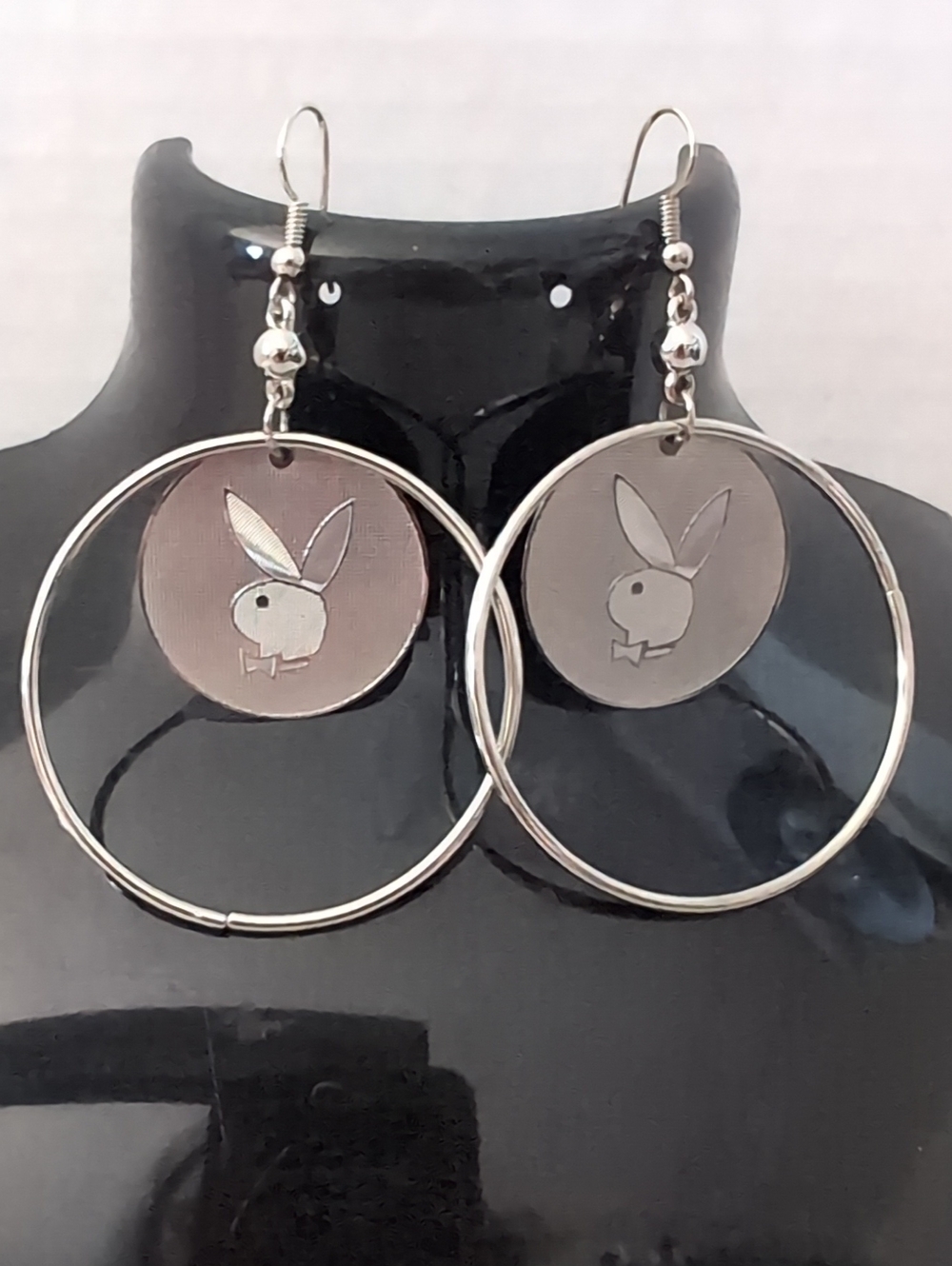 Silver Tone Hoop Pierced Earrings Playboy Bunny Design Dangle